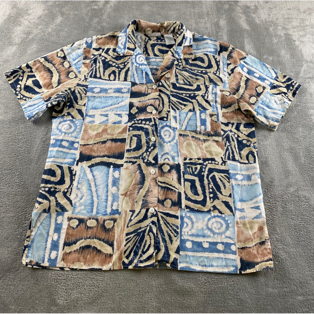 Cabin Creek Mens Medium Blue Tan Abstract Geometric Short Sleeve Button Up Shirt